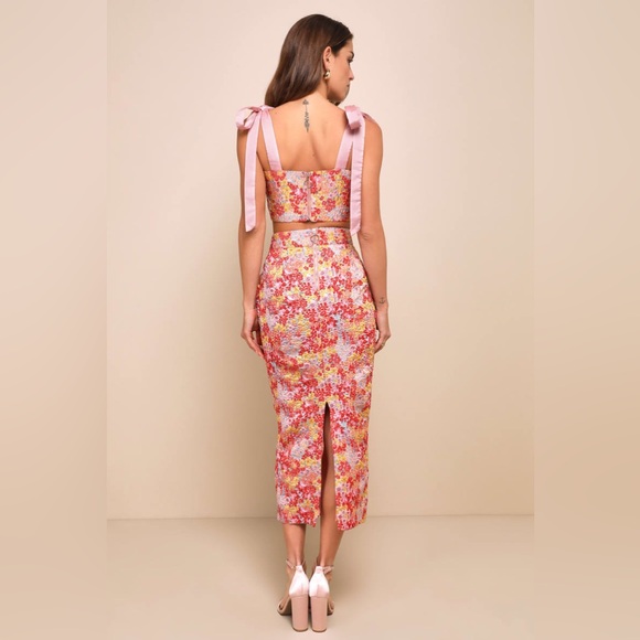 LULUS Ellarina Pink Multi Metallic Tie-Strap Two-Piece Midi Dress XS - Picture 4 of 11